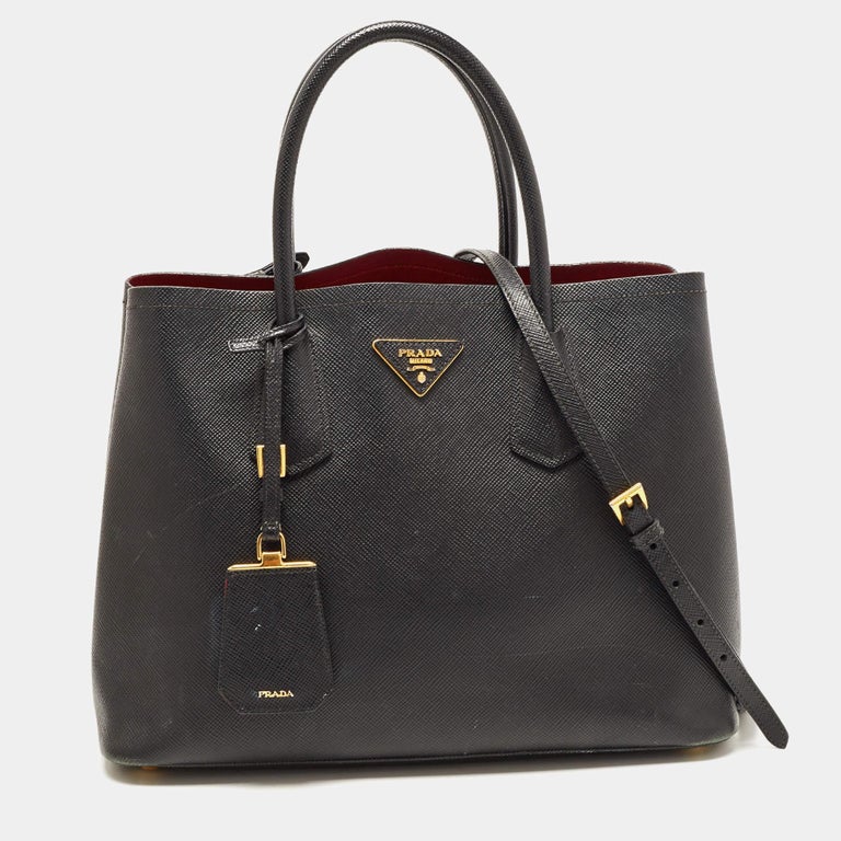 Prada Two Tone Canvas and Saffiano Cuir Leather Medium Double Handle Tote  at 1stDibs