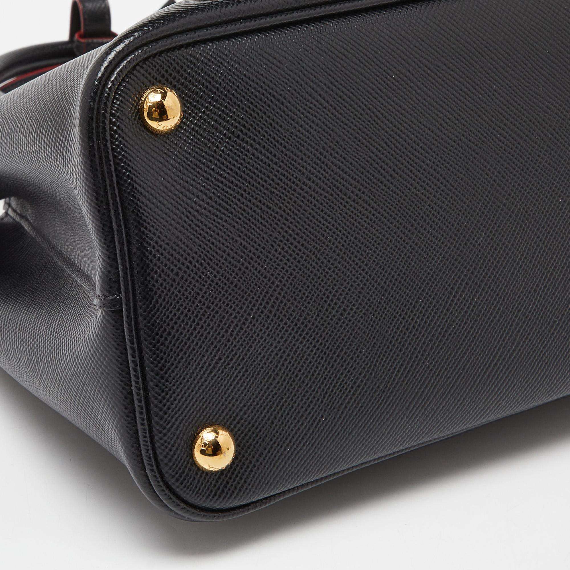 Prada Black Saffiano Cuir Leather Small Double Handle Tote For Sale 2