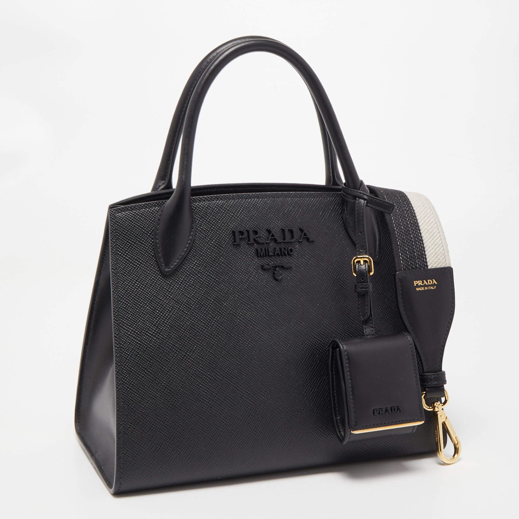 Women's Prada Black Saffiano Cuir Leather Small Monochrome Tote
