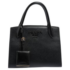 Prada Black Saffiano Cuir Leather Small Monochrome Tote