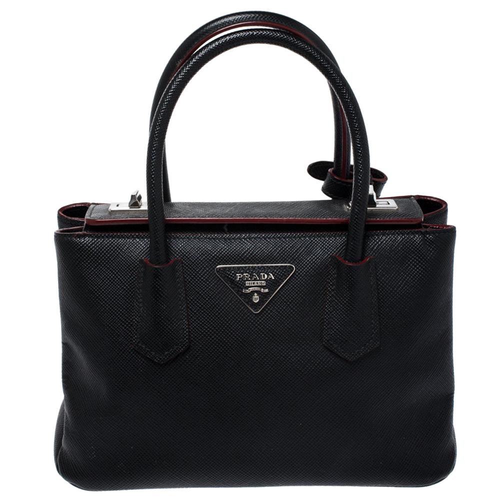 Prada Black Saffiano Cuir Leather Twin Bag at 1stDibs