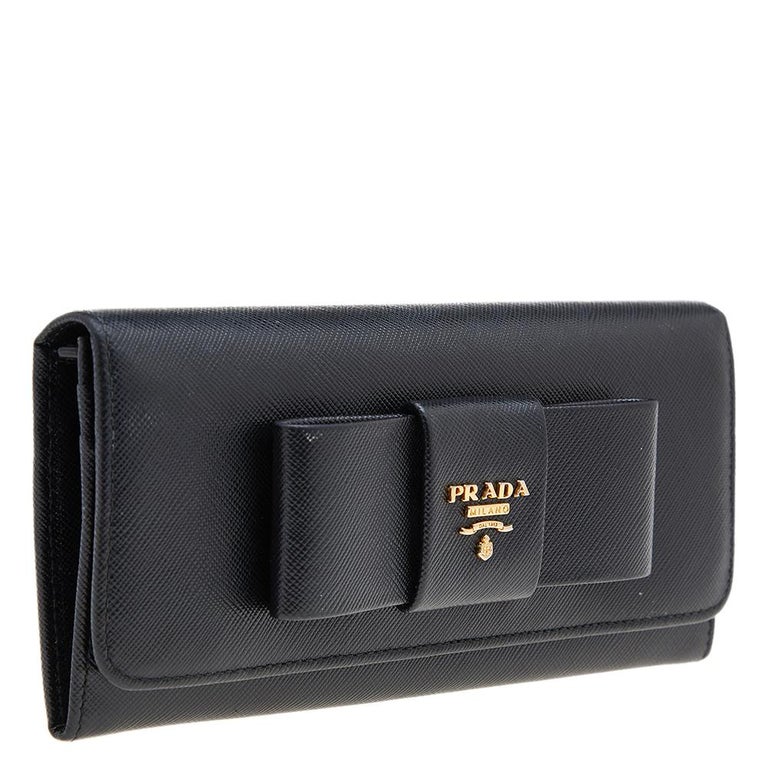 Prada Black Saffiano Fiocco Leather Bow Continental Wallet at