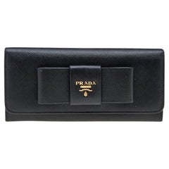 Prada Black Saffiano Fiocco Leather Bow Continental Wallet