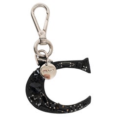 PRADA black Saffiano leather 2006 LETTER C CRYSTAL Keyring Bag Charm