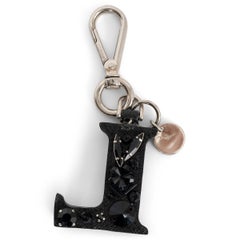 PRADA black Saffiano leather 2006 LETTER L CRYSTAL Keyring Bag Charm