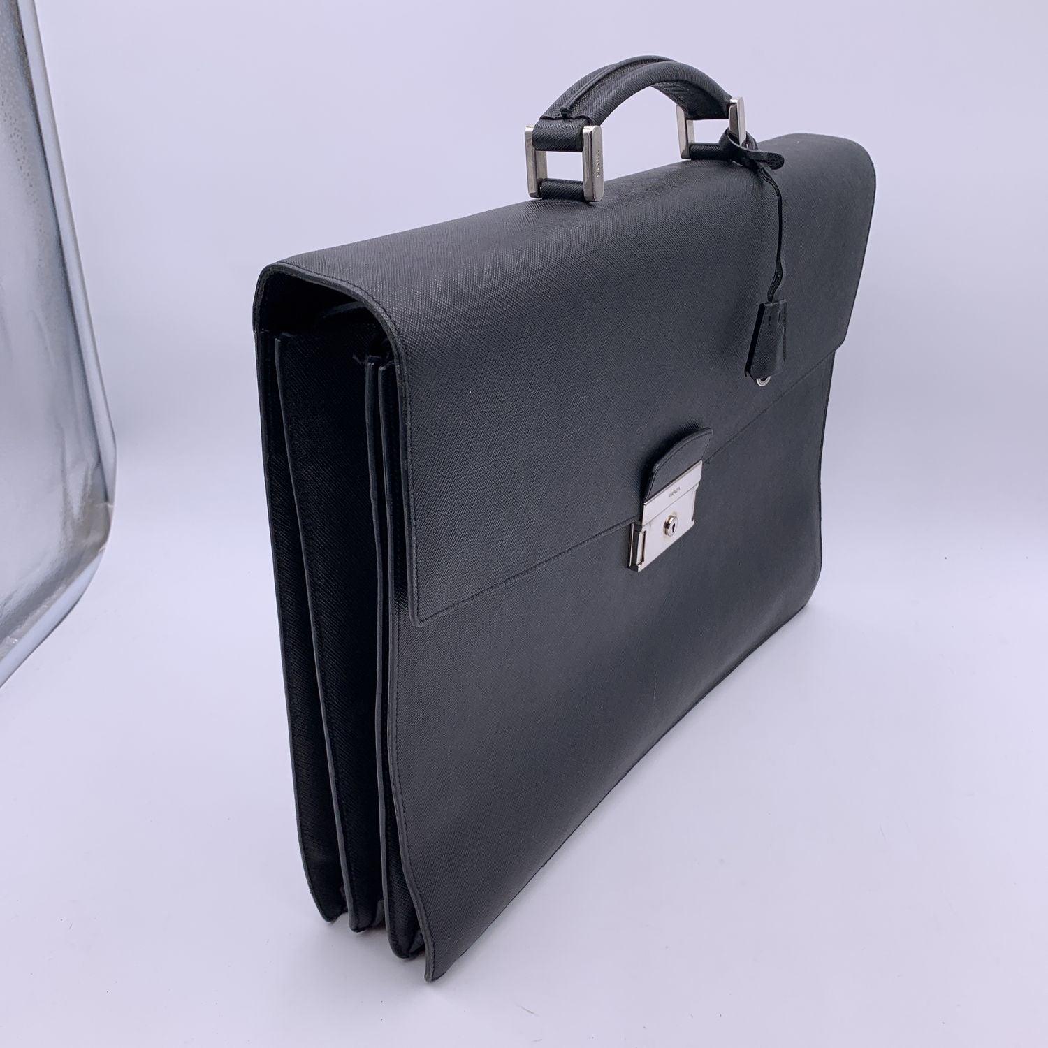 Prada Black Saffiano Leather 3 Gussets Briefcase Work Bag 1