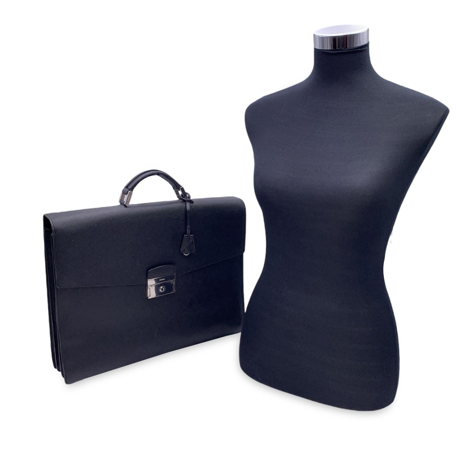 Prada Black Saffiano Leather 3 Gussets Briefcase Work Bag 4
