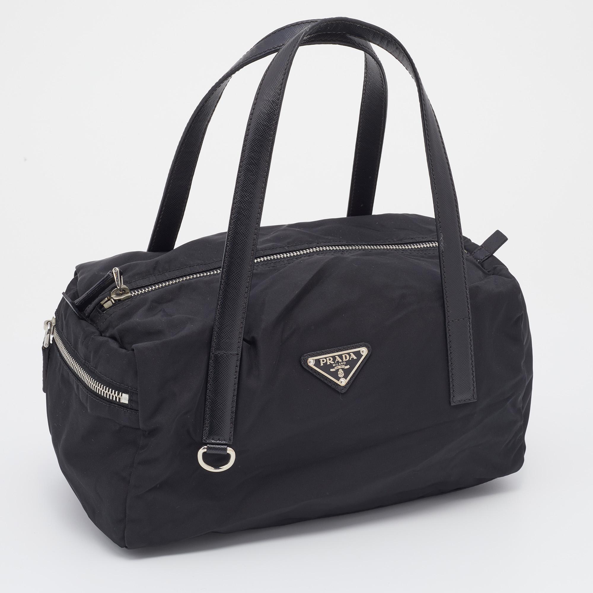 Prada Black Saffiano Leather And Nylon Duffel Bag 1