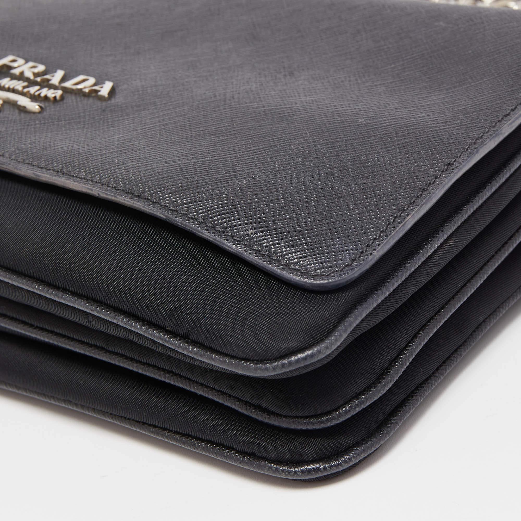 Prada Black Saffiano Leather and Nylon Logo Flap Shoulder Bag 7