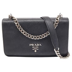 Prada Black Saffiano Leather and Nylon Logo Flap Shoulder Bag