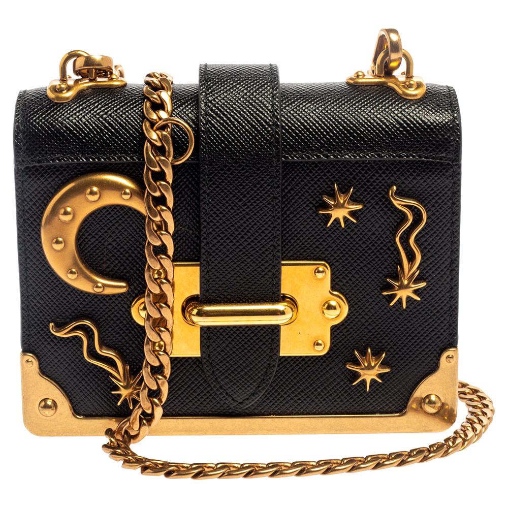 Prada Black Saffiano Leather Astrology Celestial Cahier Crossbody Bag