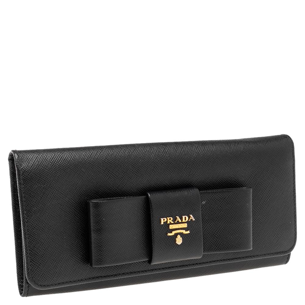 Women's Prada Black Saffiano Leather Bow Continental Wallet