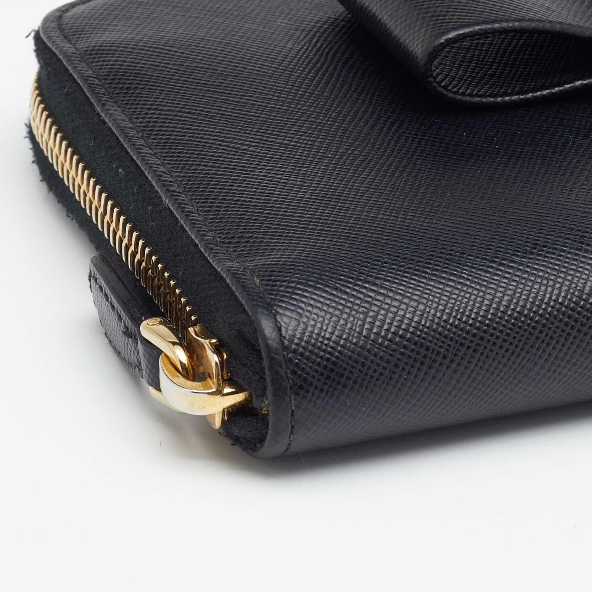 Prada Black Saffiano Leather Bow Zip Around Wallet 1