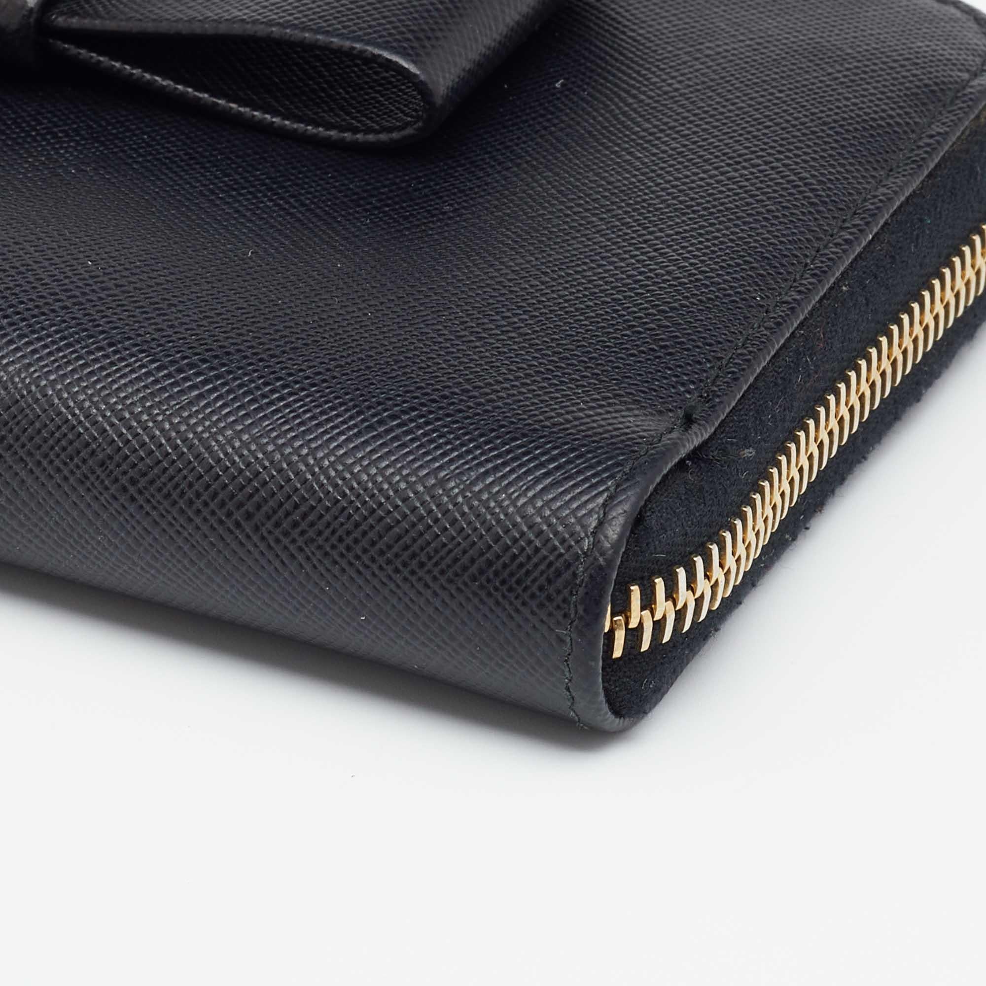 Prada Black Saffiano Leather Bow Zip Around Wallet 2