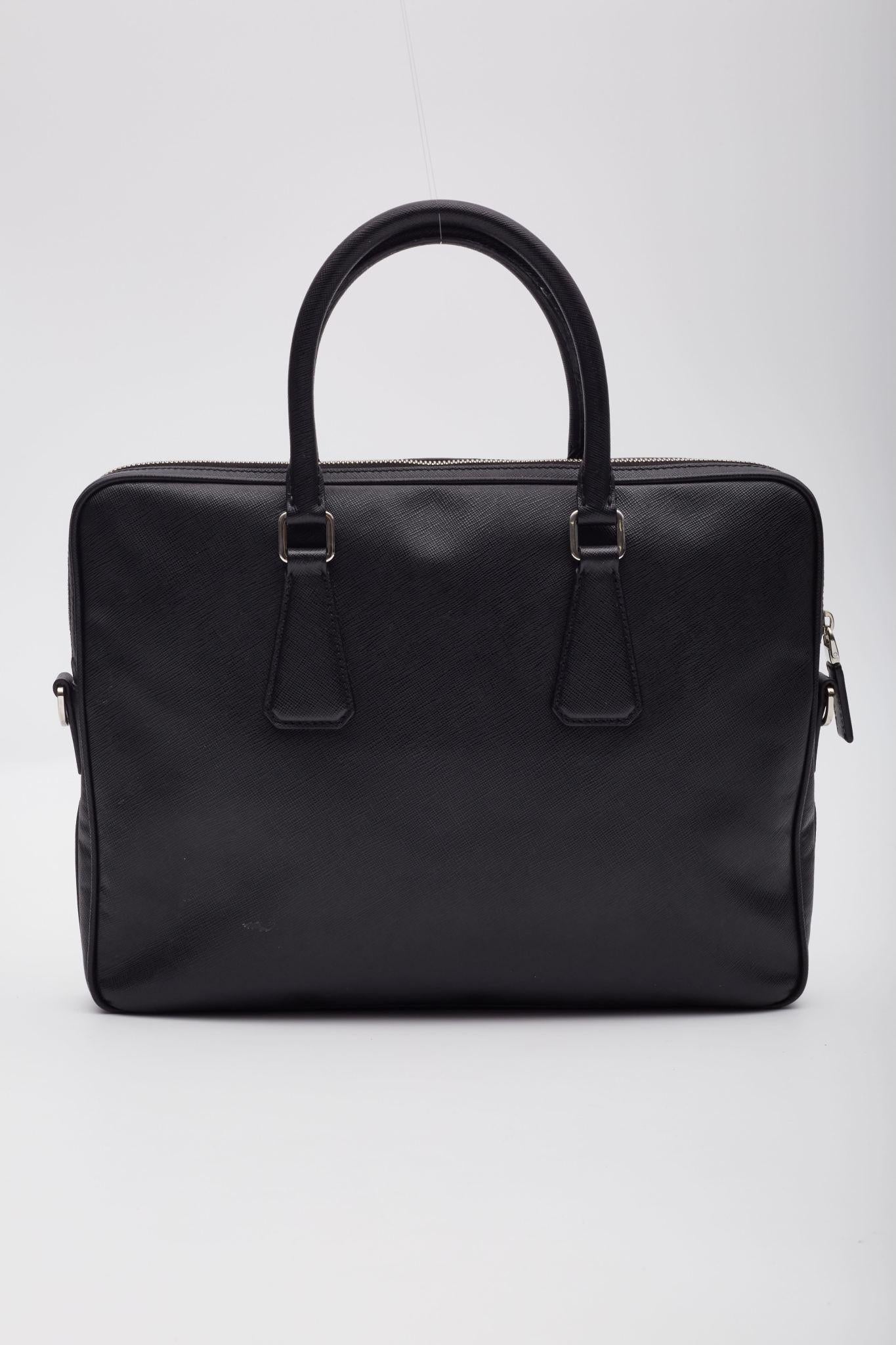 Men's Prada Black Saffiano Leather Briefcase Bag For Sale