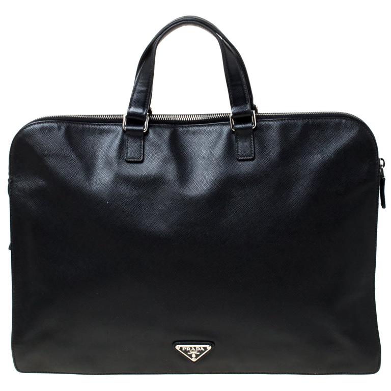 Prada Black Saffiano Leather Briefcase Laptop Bag For Sale at 1stDibs