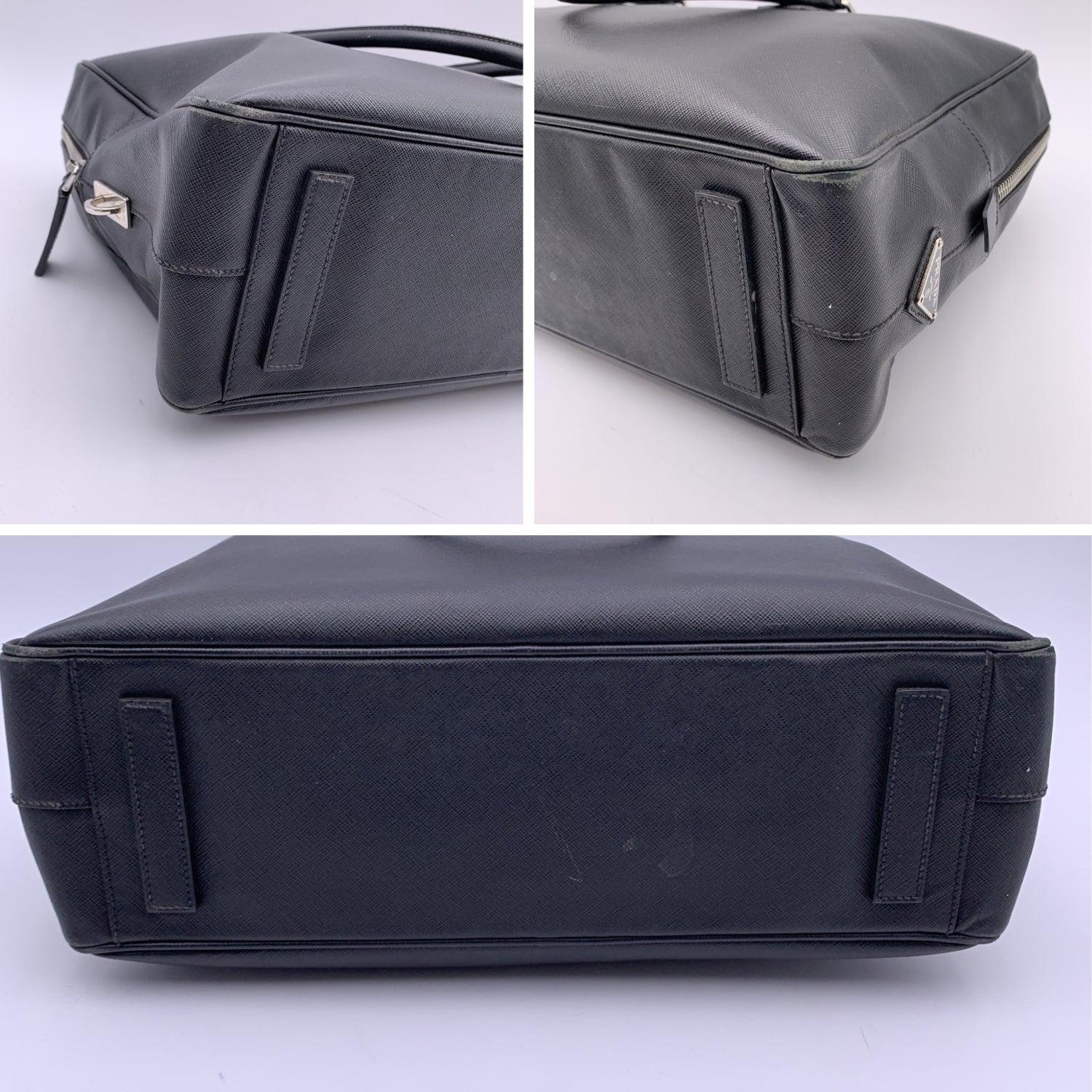 Women's or Men's Prada Black Saffiano Leather Briefcase Satchel Zip Top Work Bag For Sale