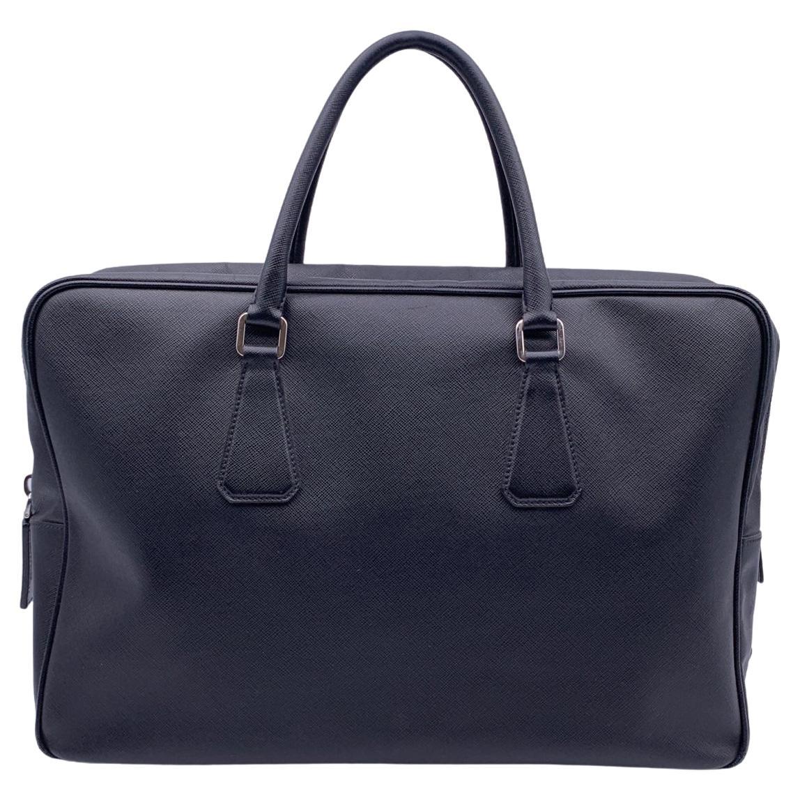 Prada Black Saffiano Leather Briefcase Satchel Zip Top Work Bag For Sale
