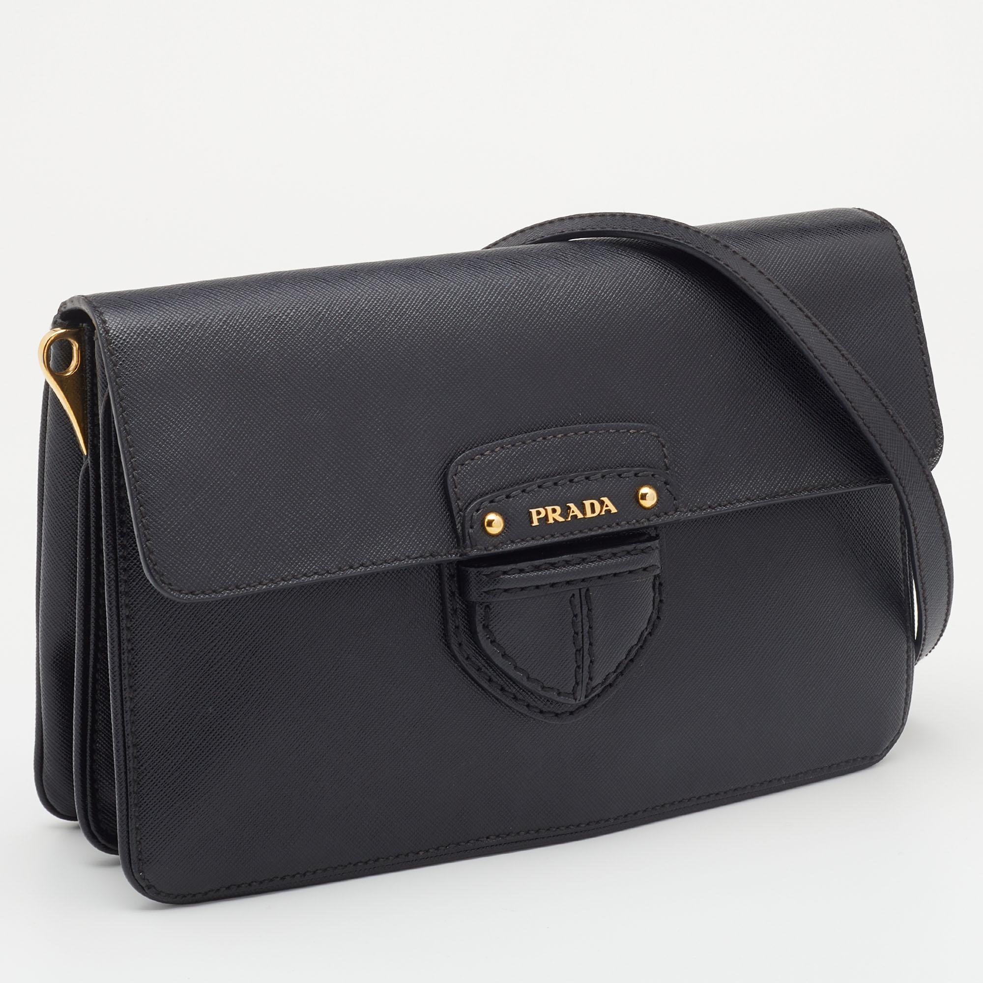 Women's Prada Black Saffiano Leather Cinghiale Flap Crossbody Bag