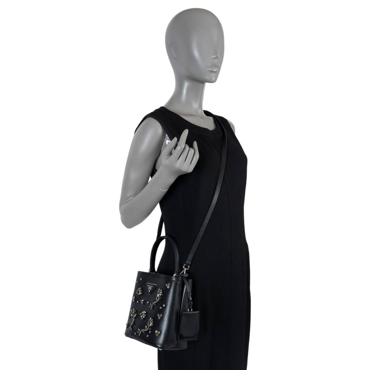 PRADA black Saffiano leather CRYSTAL PANIER SMALL Bucket Bag For Sale 4