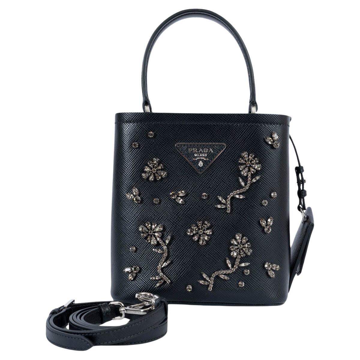PRADA black Saffiano leather CRYSTAL PANIER SMALL Bucket Bag For Sale