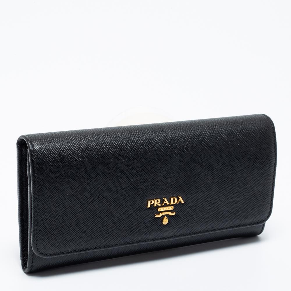 Prada Black Saffiano Leather Flap Continental Wallet In Good Condition In Dubai, Al Qouz 2