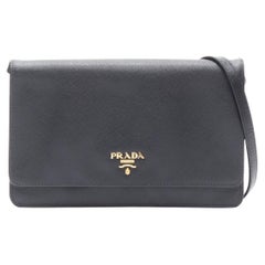 PRADA black saffiano leather gold metal logo flap crossbody clutch bag