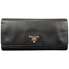 PRADA Black Saffiano Leather Gold Tone Logo Wallet