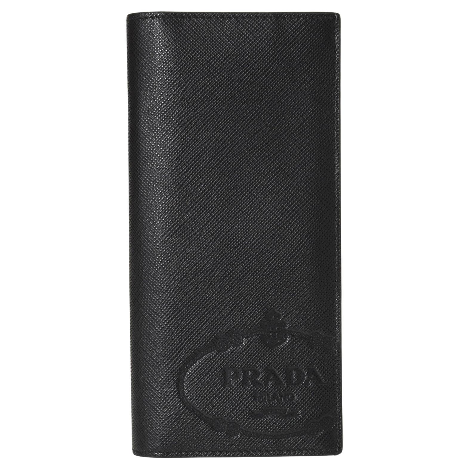 Prada Black Saffiano Leather Logo Vertical Long Bifold Wallet at 1stDibs