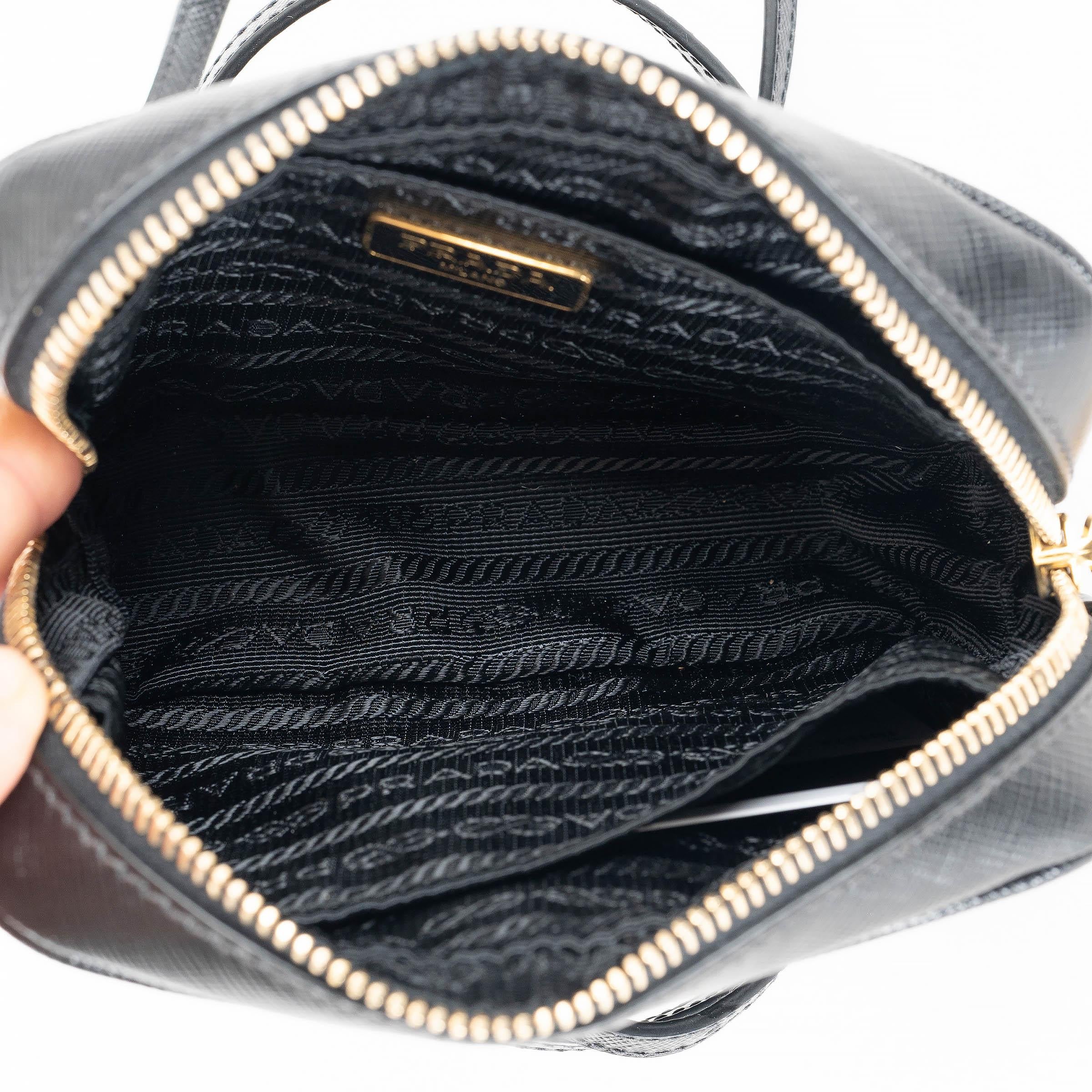 Women's PRADA black Saffiano leather MINI CAMERA Crossbody Bag 1N1674 For Sale