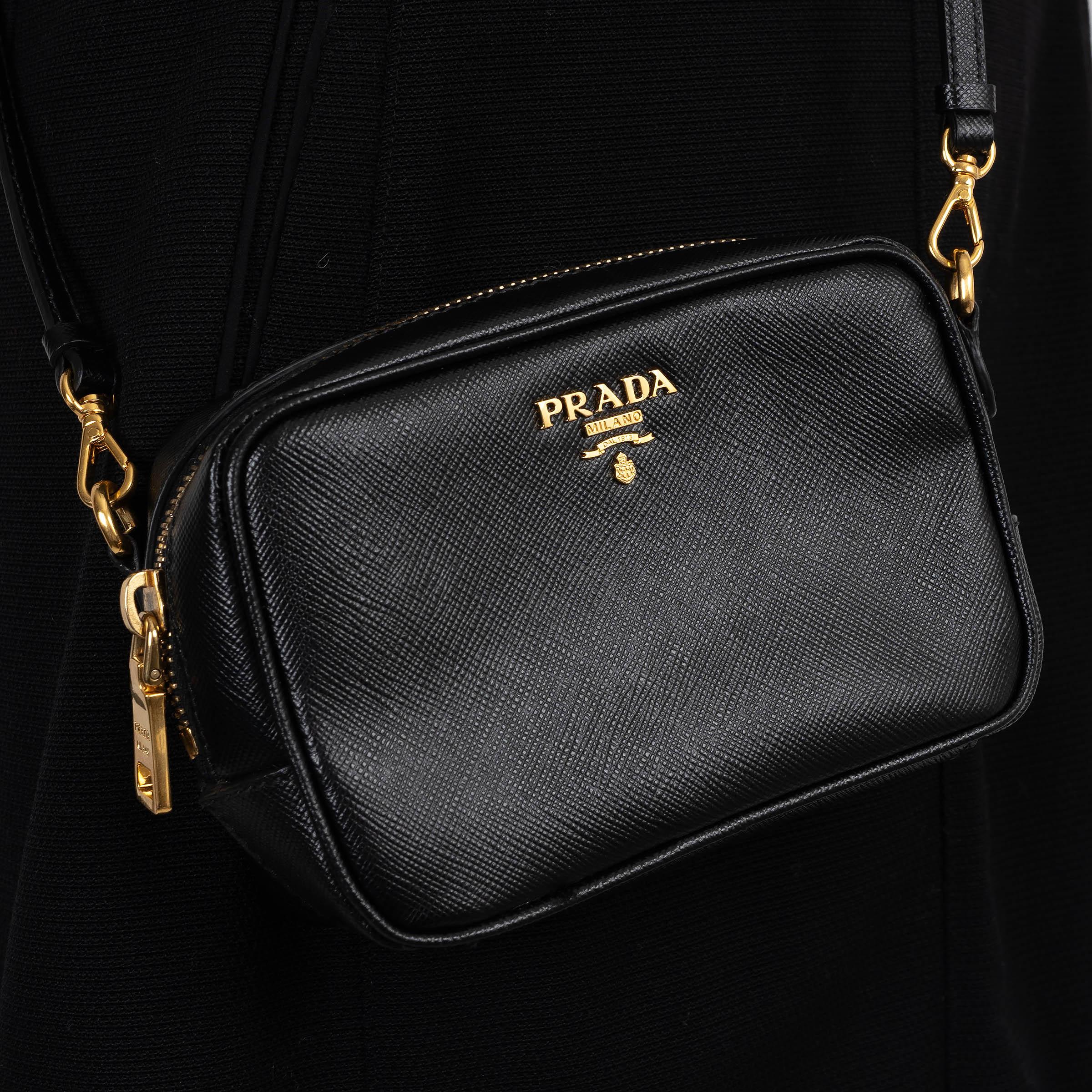 PRADA black Saffiano leather MINI CAMERA Crossbody Bag 1N1674 For Sale 3