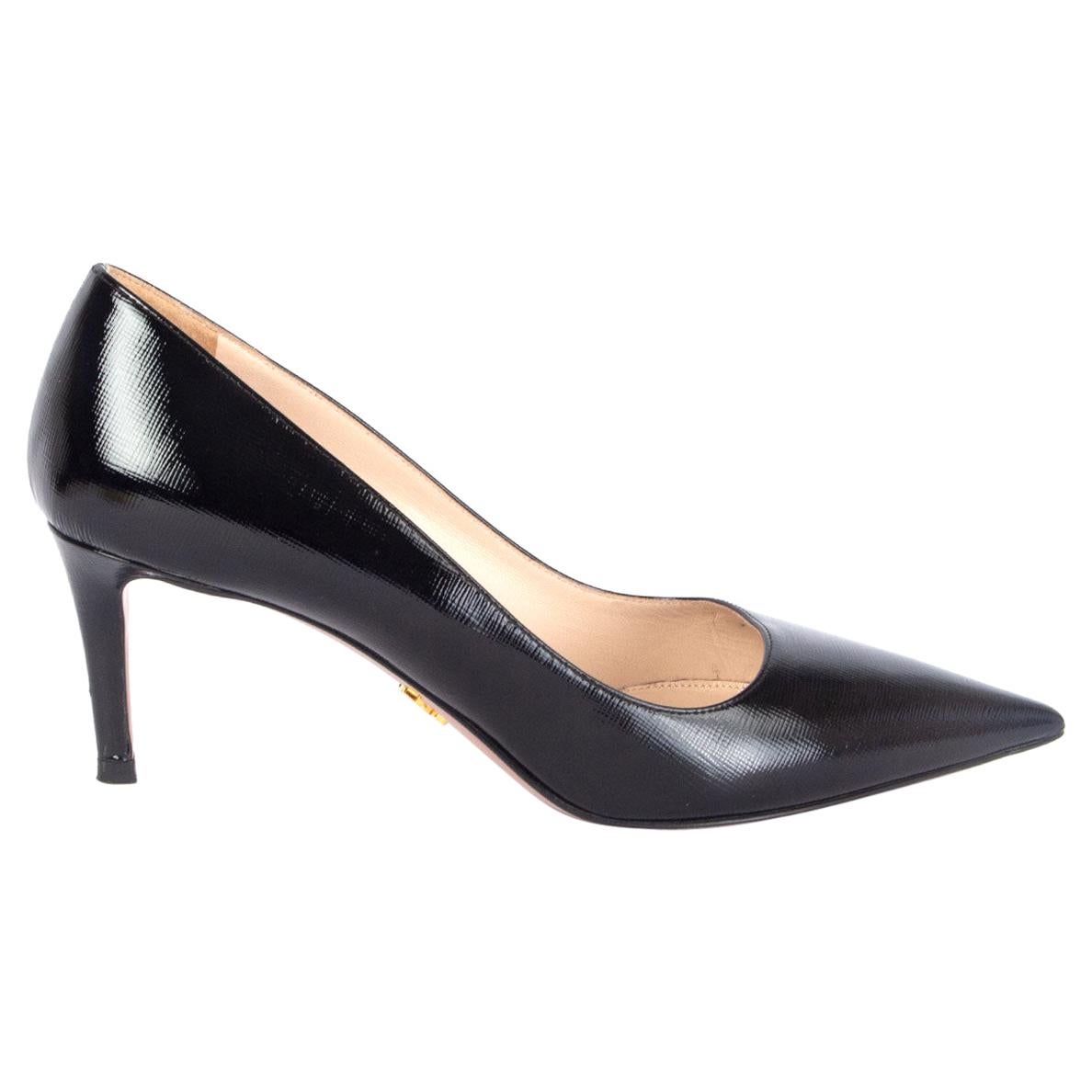 PRADA black Saffiano leather Pointed-Toe Pumps Shoes 38