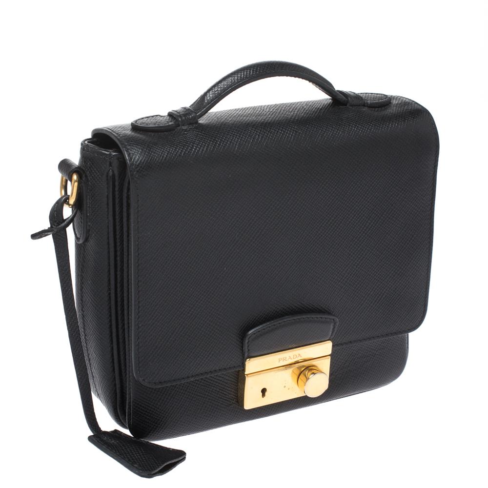 Prada Black Saffiano Leather Small Sound Crossbody Bag In Good Condition In Dubai, Al Qouz 2