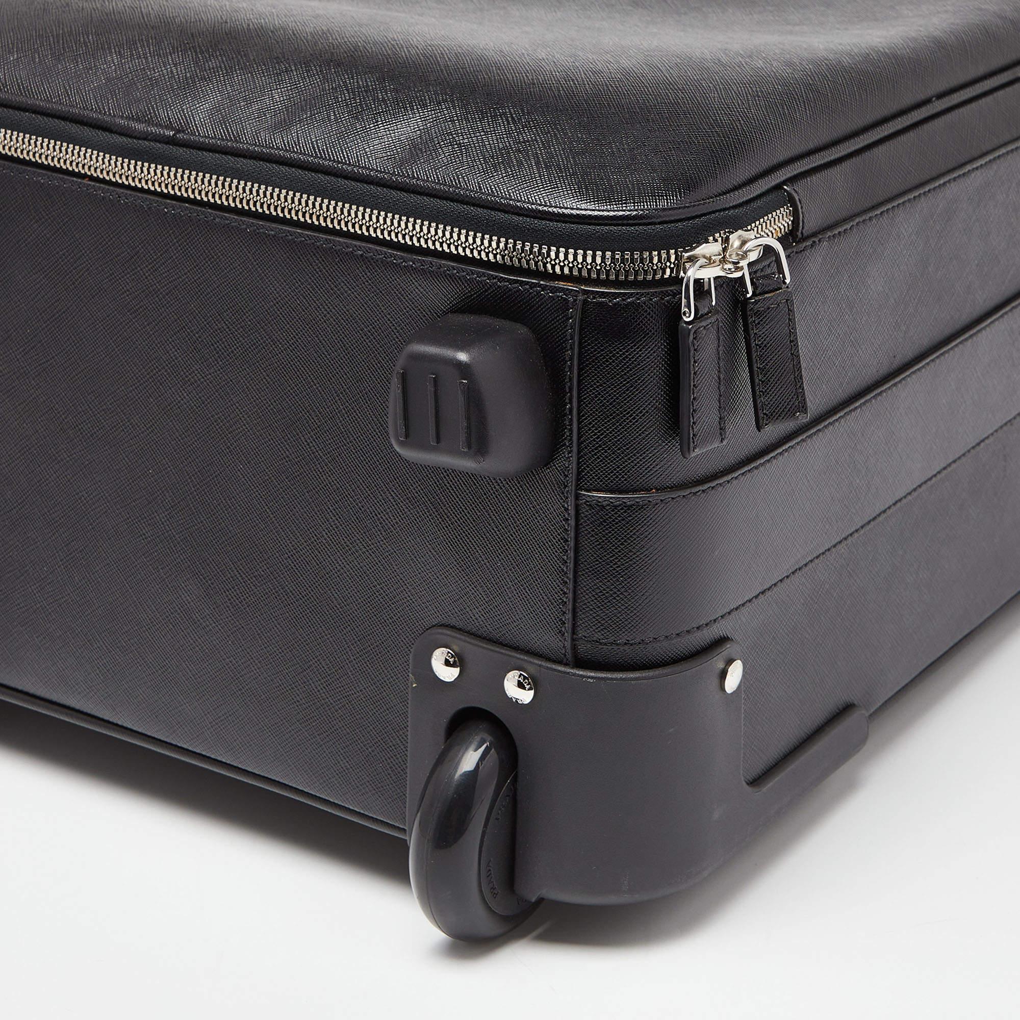 Prada Black Saffiano Leather Travel Rolling Trolley Luggage For Sale 7