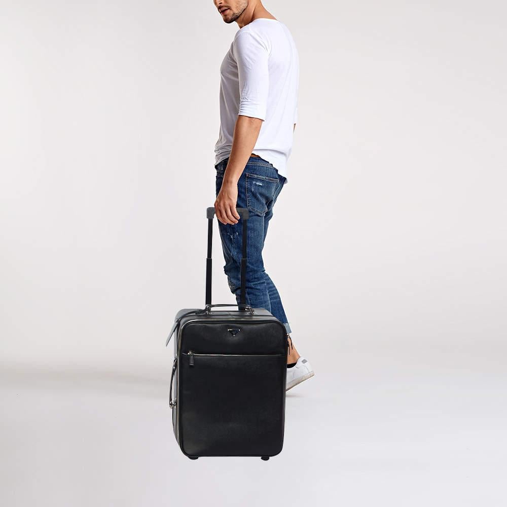 Prada Black Saffiano Leather Travel Rolling Trolley Luggage For Sale 8