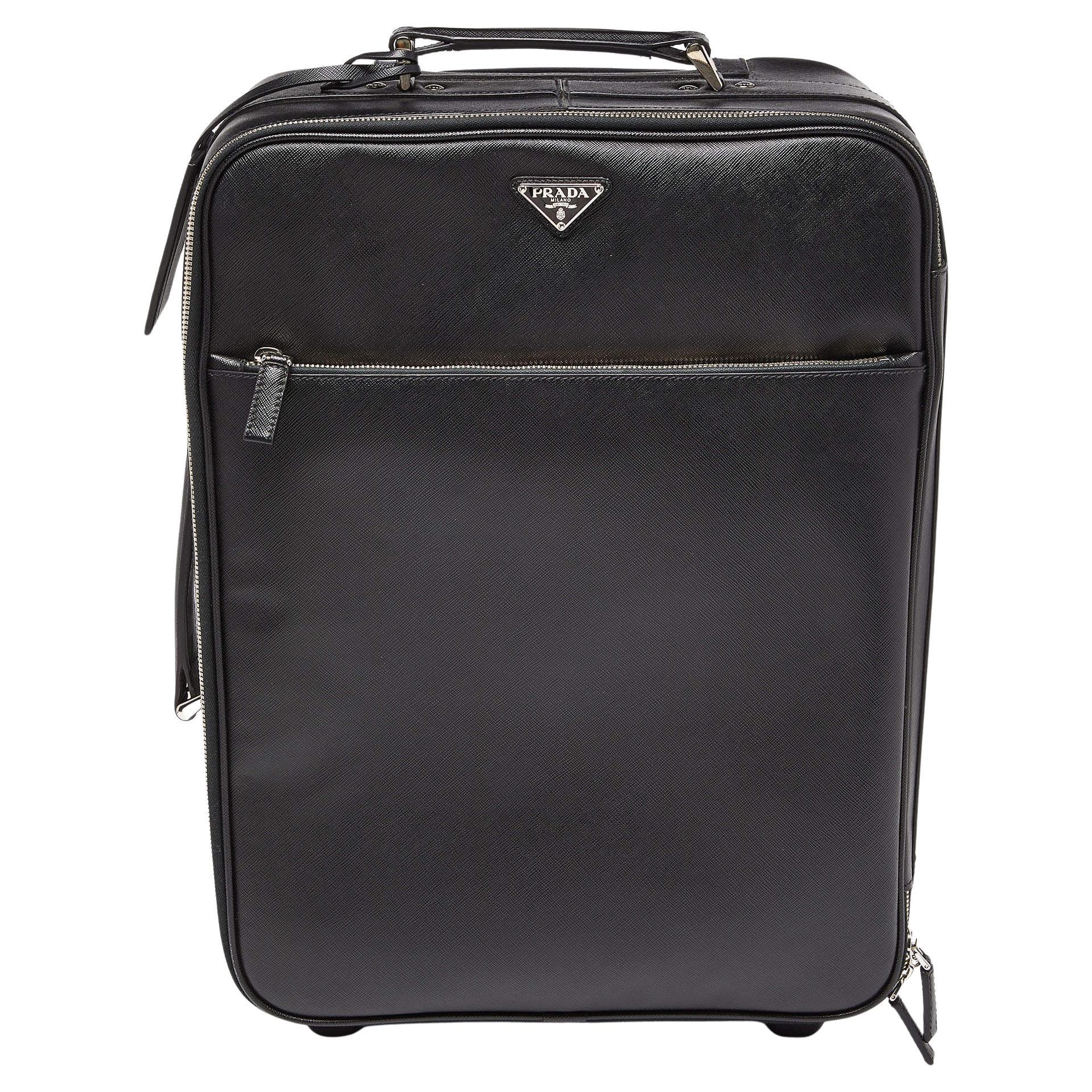 Prada Black Saffiano Leather Travel Rolling Trolley Luggage For Sale