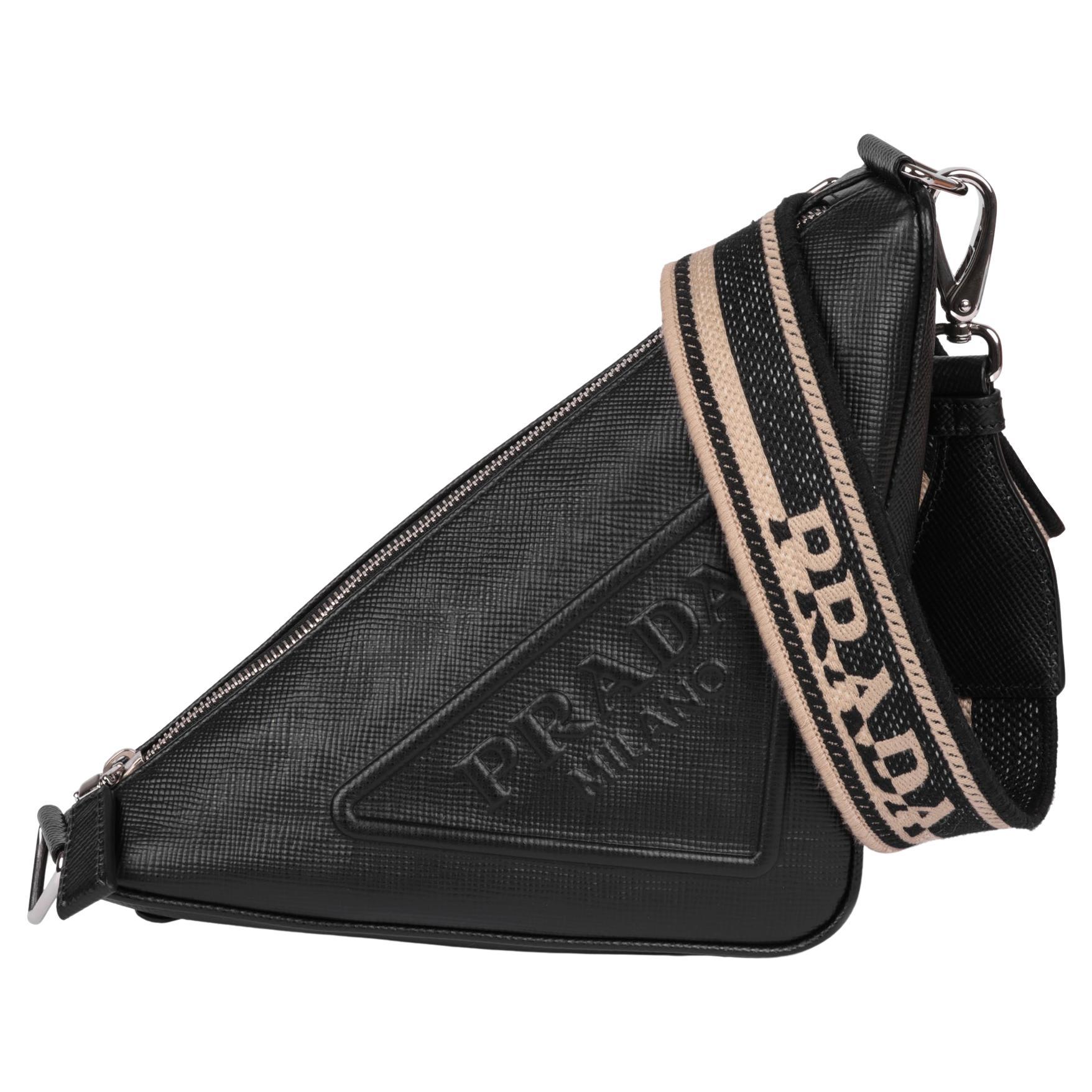 PRADA Black Saffiano Leather Triangle Shoulder Bag