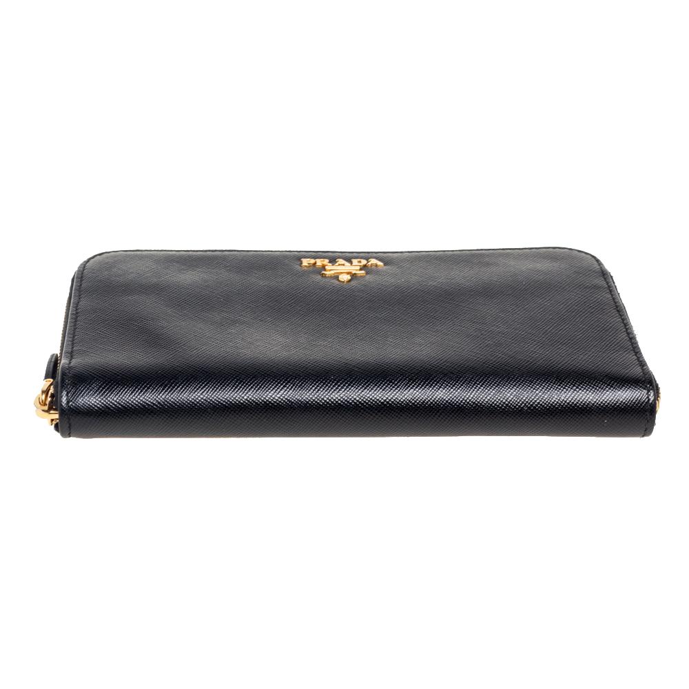 Prada Black Saffiano Leather Zip Around Continental Wallet at 1stDibs