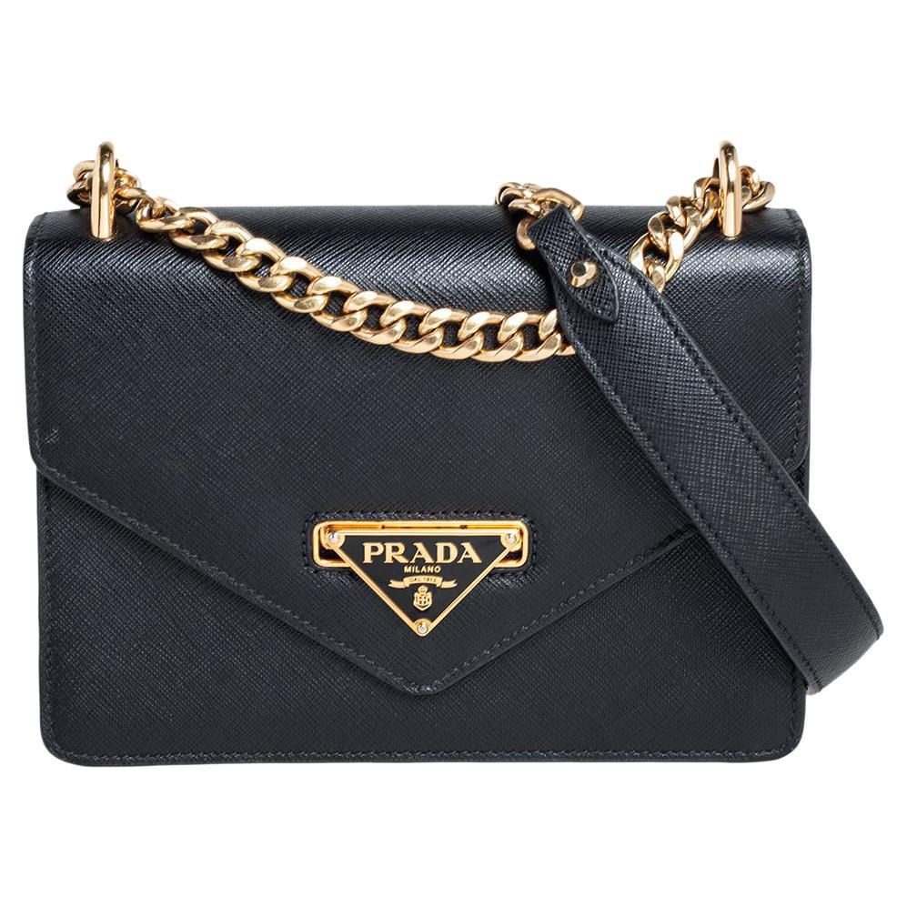 Prada Black Saffiano Lux and Soft Calf Leather Flap Cossbody Bag