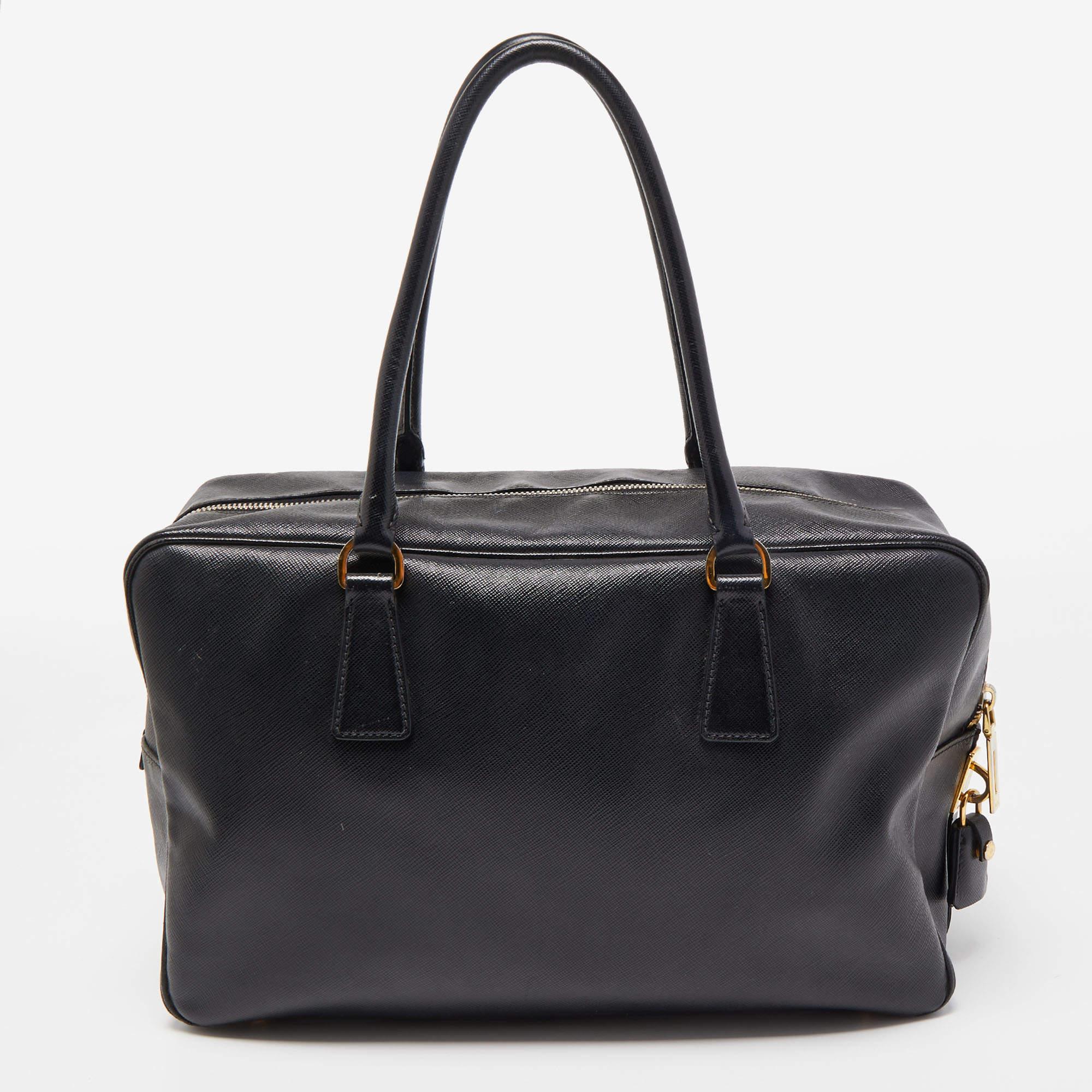 Prada Black Saffiano Lux Leather Bauletto Duffel Bag 10