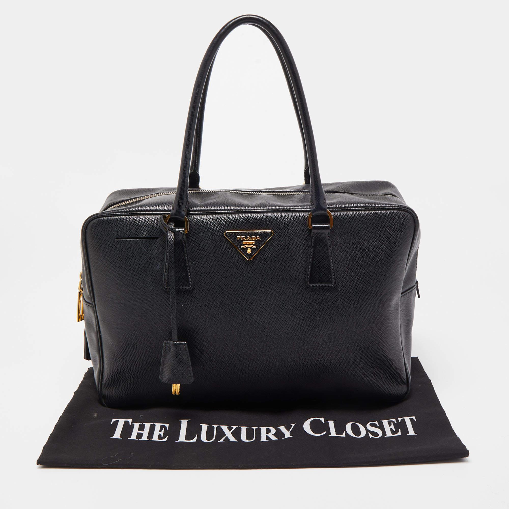 Prada Black Saffiano Lux Leather Bauletto Duffel Bag 12