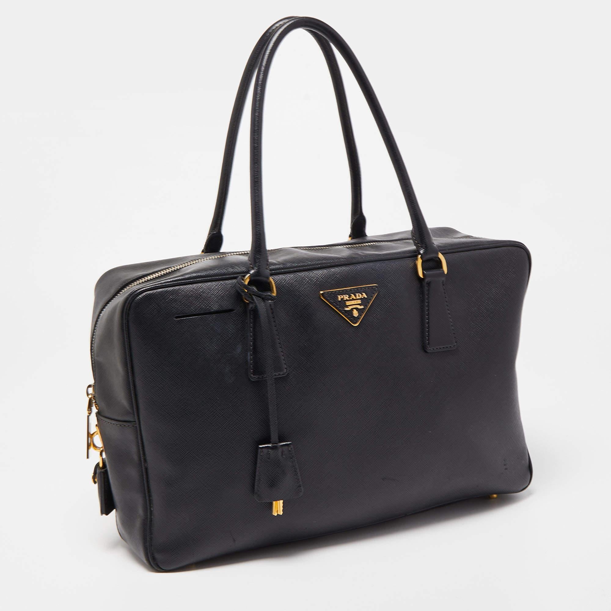 Prada Black Saffiano Lux Leather Bauletto Duffel Bag 13