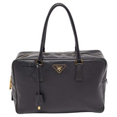 Prada Black Saffiano Lux Leather Bauletto Duffel Bag