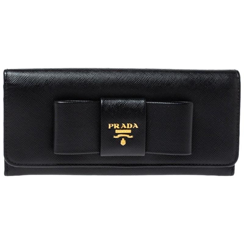 Prada Black Saffiano Lux Leather Bow Continental Wallet
