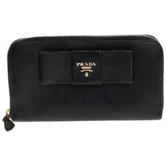 Prada Black Saffiano Lux Leather Bow Zip Around Wallet