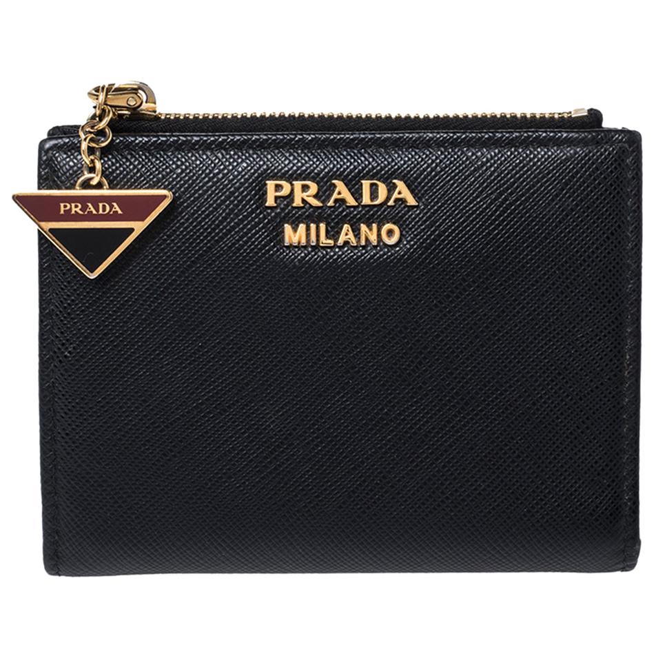 Prada Black Saffiano Lux Leather Compact Wallet