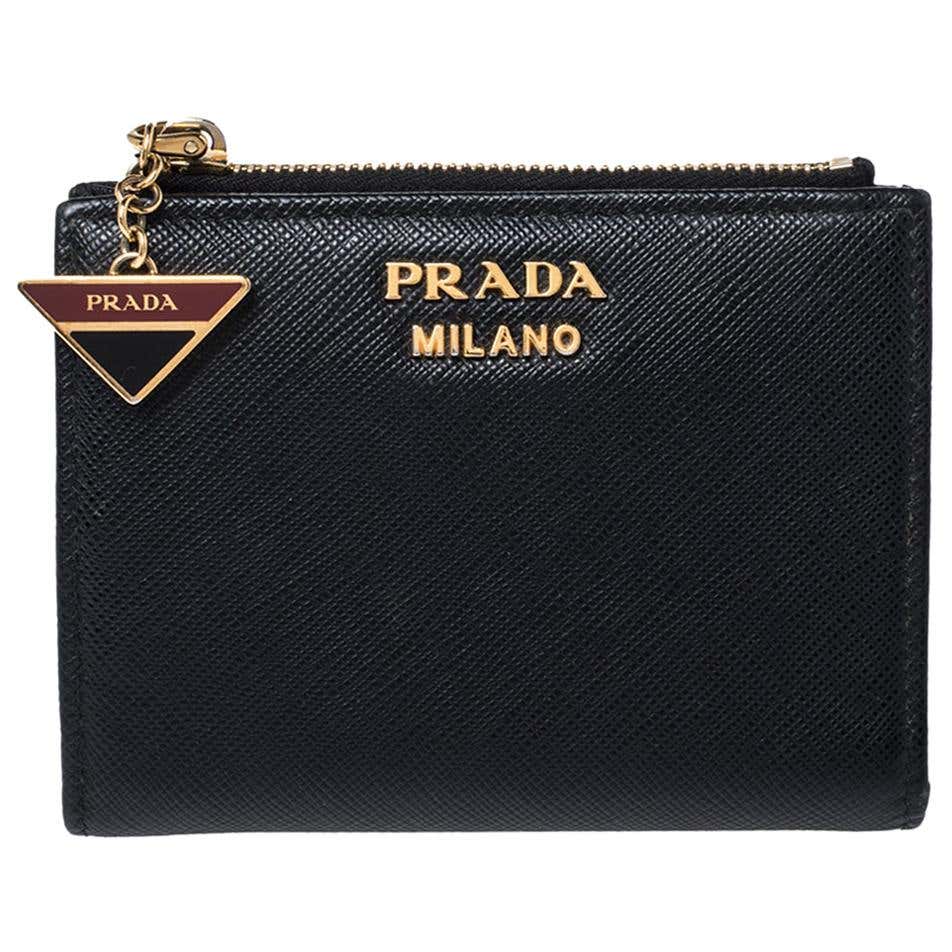 Prada Black Saffiano Lux Leather Compact Wallet at 1stDibs