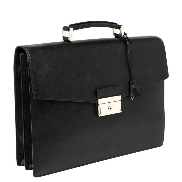 USED Prada Black Re-Nylon and Black Saffiano Leather Briefcase Bag AUTHENTIC