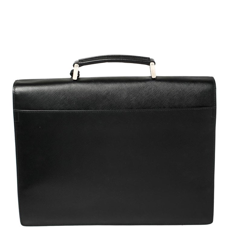 Prada Black Saffiano Lux Leather Double Gusset Briefcase at 1stDibs