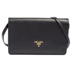 Prada Black Saffiano Lux Leather Flap Clutch Bag